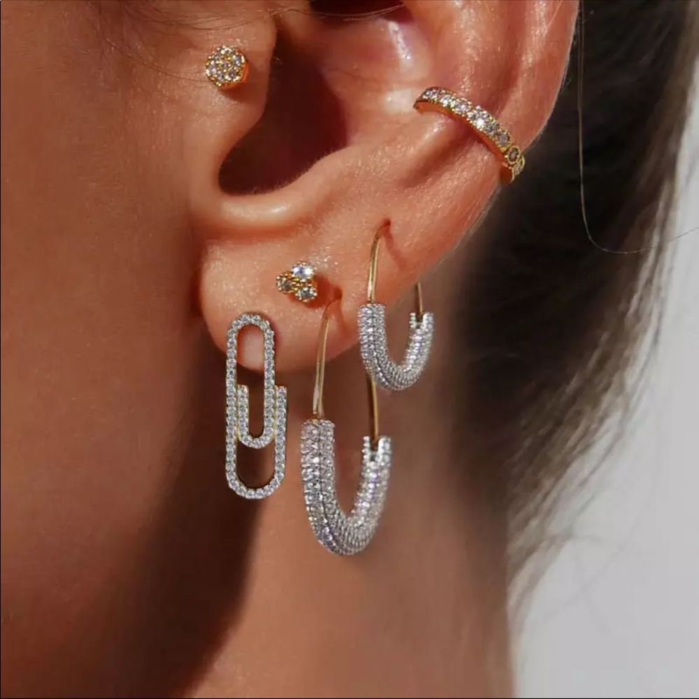 Silver tone diamond paper clip earrings